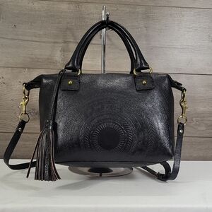 Isabella Fiore Black Tooled Leather Satchel Crossbody Shoulder Bag with Tassel
